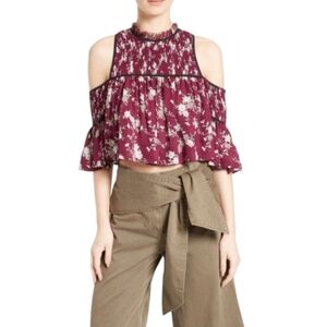Cinq A Sept NWT Silk Floral Cold Shoulder Top In Berry Burgundy Size Sma…